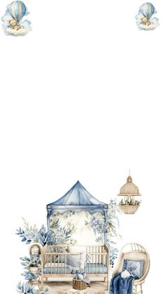 a watercolor drawing of a baby's room with blue furniture and balloons in the sky