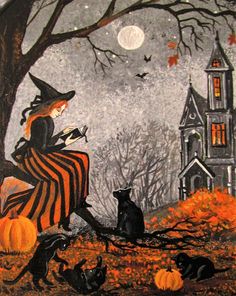 a painting of a witch and her cat sitting in front of a house with pumpkins on the ground