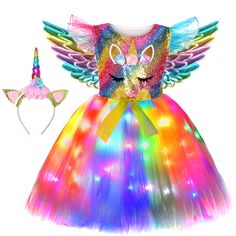 PRICES MAY VARY. LED Light Up Girl Unicorn Costume- Include: 1 LED light up Unicorn dress+ 1 Unicorn headband (Without Lights)+1×Wings(Without Lights). Modern Design: Our Unicorn Costume is handmade, designed with colorful lights that glow in the dark, your girl is sure to stand out from the crowd. Easy to Wear - The unicorn costume top with new Tulle Flying Sleeve and Sleeveless design, and has a unicorn pattern,The back is elastic,so your girls can stretch and move without causing stress on se Girls Unicorn Costume, Girl Unicorn Costume, Led Tutu, Girls Mermaid Costume, Halloween Tutu Dress, Stretch Crochet, Halloween Led Lights, Light Fairy, Unicorn Wings