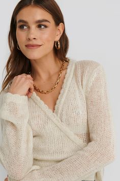 This sweater features an overlap design with a self-tie belt, long sleeves, an ultra thin knit material and wavy details. Tie Waist Shirt, Summer Wraps, Tight Sweater, Checked Jacket, Oversize Knit, Pink Outfits, Wrap Sweater, Cropped Cardigan, Fitted Sweater