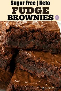 chocolate fudge brownies stacked on top of each other with the title overlay