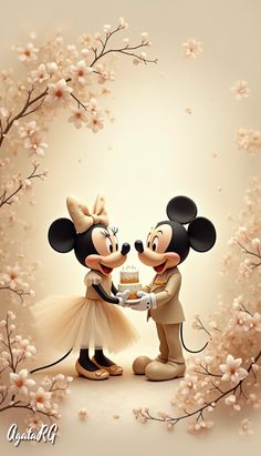 two mickey and minnie mouses are sharing a piece of cake