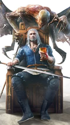 a man sitting on top of a chair next to an alien holding a glass in his hand