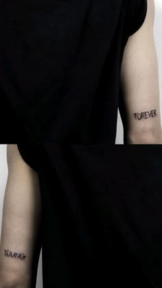 two small tattoos on the arms of someone's left upper arm and lower arm