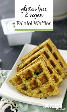 gluten free and vegan falafel waffles on a white plate