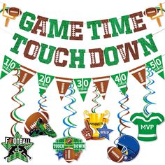 a banner that says game time touchdown with football and other sports items hanging from it