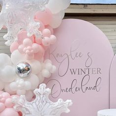 balloons and snowflakes are on display at a winter wonderland birthday party