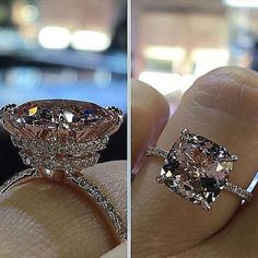 an engagement ring is shown in two different views