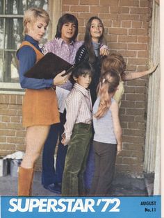 an advertisement for the television show superstar 72, with four people standing in front of a brick building