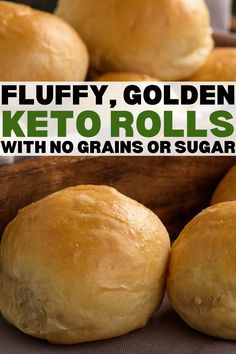 fluffy, golden keto rolls with no grains or sugar on them are ready to be eaten