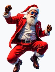 a man dressed as santa claus is in the air with his arms out and legs spread wide