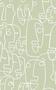 an abstract drawing of many faces in white on a light green background, with the word's name below it