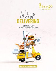 a yellow scooter with food on the back and words we are now delivering