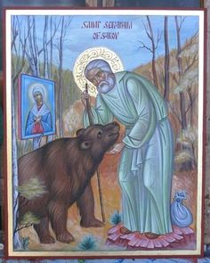 a painting of saint seretina of salvation with a bear