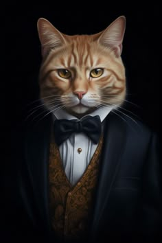 an orange cat wearing a tuxedo and bow tie