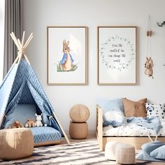 a child's bedroom with teepee tent, toys and posters on the wall