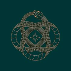 a gold snake in the middle of a circle on a green background with an arrow