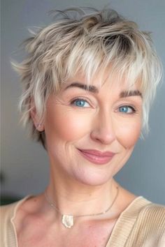 Textured Shaggy Pixie Hairstyle for Women Over 60. Short Hair Same Length All Over, Short Pixie Shag Haircuts For Fine Hair, Short Wispy Shag Haircut, Short Grey Blonde Hair, Very Short Shaggy Haircuts, Short Shag Hairstyles Grey Hair, Choppy Hairstyles For Fine Hair