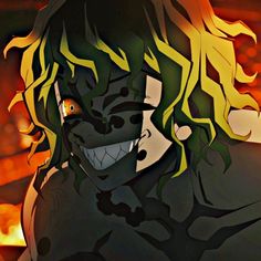 an anime character with yellow hair and green eyes, wearing a black outfit in front of a fire