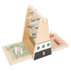 a wooden board game with pieces in it