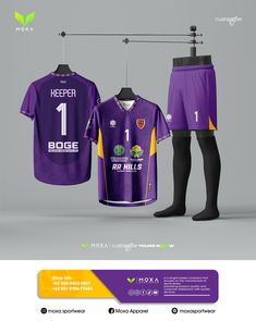 the soccer uniform is being displayed on a hanger, and it's purple with yellow accents