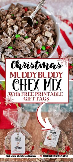 christmas muddy chex mix with free printable gift tags on the side and in a bowl