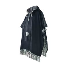 Reversible hooded poncho

Introducing the Arriba Black reversible poncho from virblatt, the perfect addition to any boho-inspired wardrobe. Featuring a striking black and white pattern on one side and solid black on the other, this versatile poncho is perfect for both men and women.

Designed with the bohemian aesthetic in mind, this poncho features mandala embroidery, fringes, and a hood, making it perfect for any boho outfit. The reversible design adds some much-needed versatility to your ward