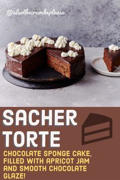 a chocolate cake with whipped cream on top and the words sacher torte above it