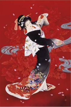 a painting of a geisha dancer with red flowers in the background and an umbrella