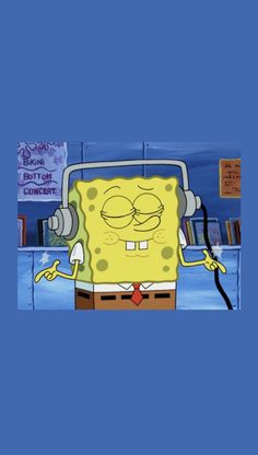 spongebob with headphones on in front of bookshelves and a blue background