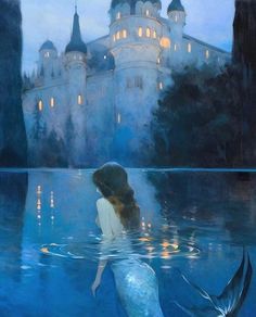 a painting of a mermaid swimming in front of a castle with its lights on at night