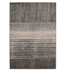 a gray and white rug with stripes on it