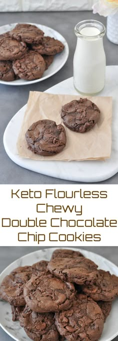 chocolate cookies are stacked on top of each other with the words, keto flourless chewy double chocolate chip cookies