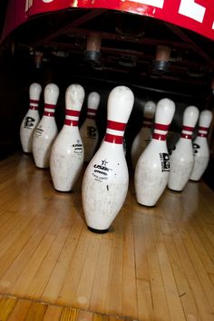 several bowling pins lined up in a row