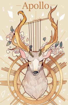 an animal with horns and flowers on it's head is surrounded by music notes