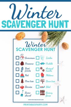 a winter scavenger hunt with pine cones and nuts