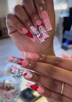 Pink Valentines Nails Designs Coffin, Valentine Freestyle Nails, Short Valentine Acrylic Nails, Valentines Sets Nails, Valentine Nail Ideas Acrylic Art Designs, Valentine’s Day Acrylic Nail Designs, Valentine Day Nails 2024, Long Acrylic Nails Valentines Day, Xl Valentines Day Nails