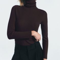 True To Size Nwt Classic Stretch Brown Sweater, Zara Turtleneck Sweater For Fall, Zara Winter Sweater For Layering, Elegant Winter Tops With Ribbed Collar, Zara Long Sleeve Solid Sweater, Zara Long Sleeve Black Sweater, Zara Classic Fall Sweater, Fitted Brown Sweater With Ribbed Cuffs, Classic Fitted Knitted Top