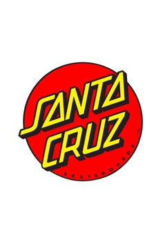 the santa cruz logo is shown in red, yellow and black on a white background