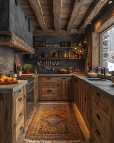 a kitchen with wooden cabinets and counter tops in the middle of it is lit by lights