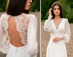 the back of a woman's white wedding dress with long sleeves and lace detailing