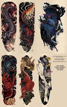 an assortment of dragon designs on skateboards