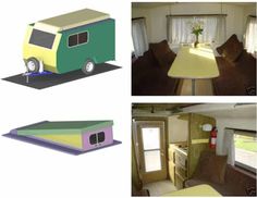 three different views of a small camper with couches and table in the living room