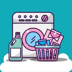 a washing machine next to a laundry basket with cleaning supplies in it and a bottle of cleaner