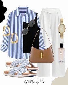 This outfit is all about effortless summer style! I paired a classic blue and white striped shirt with crisp white pants, and layered it with a simple black tank for that laid-back feel. The striped slides add a fun touch while keeping things comfy. I couldn’t resist adding some gold accessories and my go-to brown shoulder bag to pull it all together. And of course, a spritz of Giorgio Armani Si because it’s my favorite finishing touch. Perfect for a brunch date or just a casual day out! #OOTD #SummerStyle #CasualChic #EverydayFashion White And Blue Striped Shirt Outfit, White Pants Summer, Blue Striped Shirt Outfit, Stripe Pants Outfit, Outfits With Striped Shirts, Blue And White Outfits, Neutral Fall Outfits, Slides Outfit, Amazon Fashion Finds