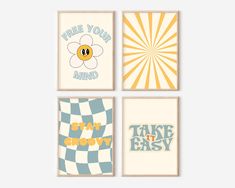 four framed art prints with the words free your mind, take it easy and checkerboard