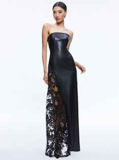 Retha Vegan Leather Lace Maxi Dress In Black | Alice And Olivia Mini Gown, Tiered Ruffle Mini Dress, Tube Maxi Dresses, Halterneck Mini Dress, Gorgeous Maxi Dresses, Designer Evening Gowns, Elegant Party Dresses, Lace Strapless, Strapless Gown