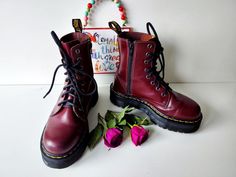 I have a selection of more than 500 pair of RARE, VINTAGE Dr Martens boots. Please visit my SHOP to check out my other DOCs. I will be listing new ones every day.  Dr Martens Jadon cherry red platform boots quad sole chunky UK5 EU38 US7 Condition: 8/10 Let me know in case you have any questions Cherry Doc Martens, Edgy Red Platform Boots With Round Toe, Red Jadon Dr Martens, Cherry Red Dr Martens, Red Platform Boots, Dark Red Doc Martens, Dr Martens Jadon, Red Platform, Dr Martens Boots