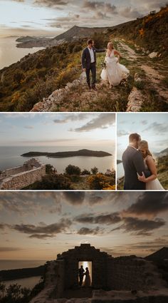 a bride and groom standing on top of a hill next to the ocean at sunset