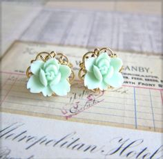 Mint Green Earrings Mint Green Flower Earrings Mint Stud Gold Plated Earrings Vintage Wedding Bridal Jewelry Bridesmaids Gift Mint Green Bridesmaids, Mint Green Flowers, Mint Green Earrings, Wedding Mint Green, Cheap Earrings, Gold Wedding Jewelry, Floral Studs, Color Wedding